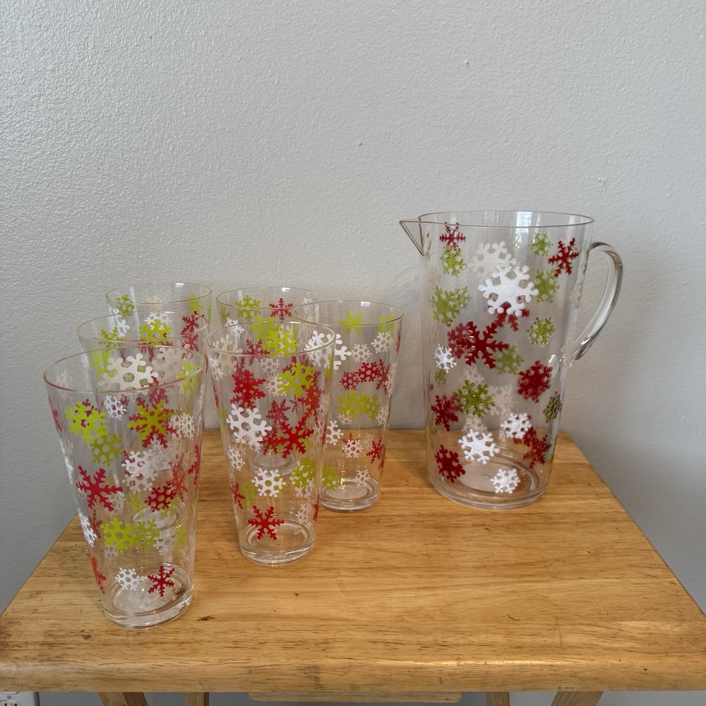 Christmas Vintage Snowflake Pitcher & Glasses Clear Tumbler Set Of‎ 6 Drinkwear